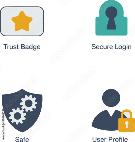 Trust and access icons showing verification badge, secure login, profile protection and safety trust emblem.