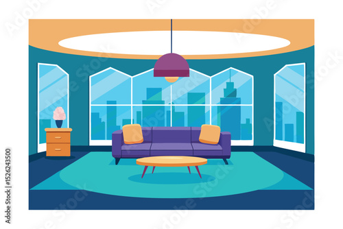 Modern Living Room Design City View Apartment Interior Illustration
