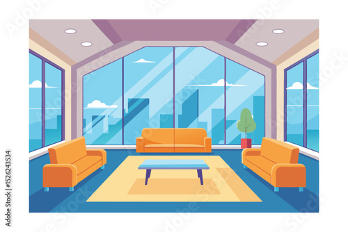 Modern City View Living Room Interior Design Panoramic Windows and Comfortable Sofas