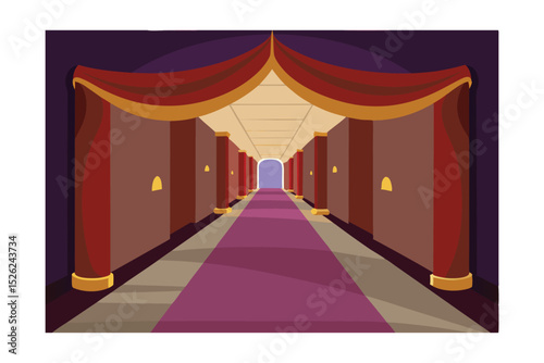 Grand Hotel Corridor Elegant Purple Carpet and Red Drapes