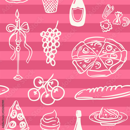 Whimsical hand-drawn italian aesthetic seamless pattern illustration in trendy vintage style. Perfect for quirky wedding holiday, dinner and bar menu, bachelorette party, birthday invitation, sign