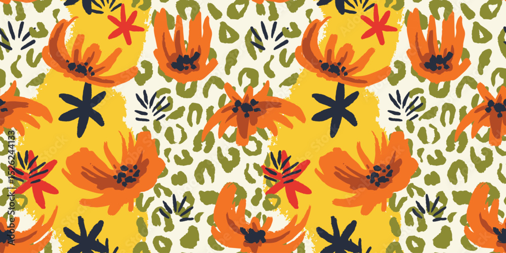 Fototapeta premium Hand Drawn animal skin and fur print seamless pattern with nature whimsical shapes, spots, dots and lines with textures. Vibrant jungle boho print. Modern exotic collage geometric vector illustration