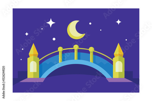 Enchanted Night Bridge A whimsical illustration of a fairytale bridge under a crescent moon and starry night sky