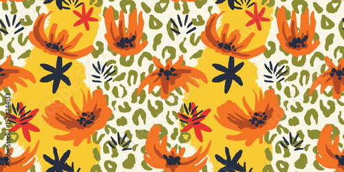 Hand Drawn animal skin and fur print seamless pattern with nature whimsical shapes, spots, dots and lines with textures. Vibrant jungle boho print. Modern exotic collage geometric vector illustration
