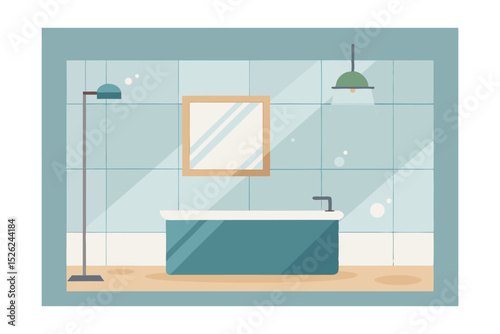 Modern Bathroom Design Teal Tub, Minimalist Style, Clean Lines