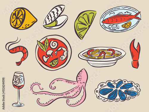 Whimsical hand drawn sea food illustrations in trendy whimsical style. Perfect doodle for quirky italian wedding holiday, poster, dinner and bar menu, bachelorette party, birthday invitation, sign