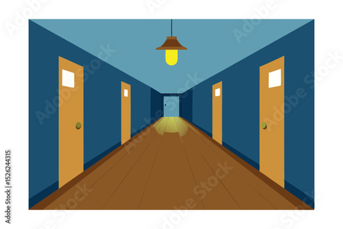 Mysterious Corridor A Vector Illustration of an Empty Hallway with Doors and a Single Light