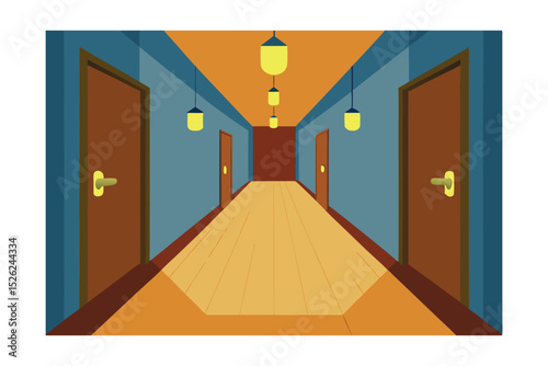 Endless Hallway A captivating illustration of an infinite corridor with doors and lights