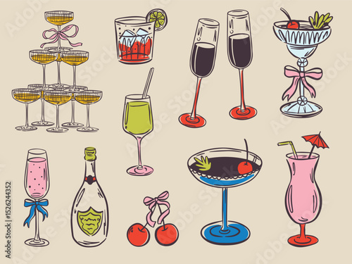 Whimsical hand drawn bar menu illustrations in trendy whimsical style. Perfect doodle for quirky italian wedding holiday, poster, dinner and bar menu, bachelorette party, birthday invitation, sign.