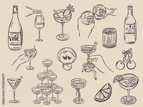 Whimsical hand drawn bar menu illustrations in trendy whimsical style. Perfect doodle for quirky italian wedding holiday, poster, dinner and bar menu, bachelorette party, birthday invitation, sign.