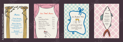 Set of summer exotic vacation whimsical hand-drawn frames with palm and sea, bow aesthetic in trendy, vintage styles. Perfect for quirky holiday, wedding, birthday gift decorations