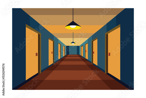 Mysterious Hotel Corridor A Long, Dark Passageway with Doors and Lights