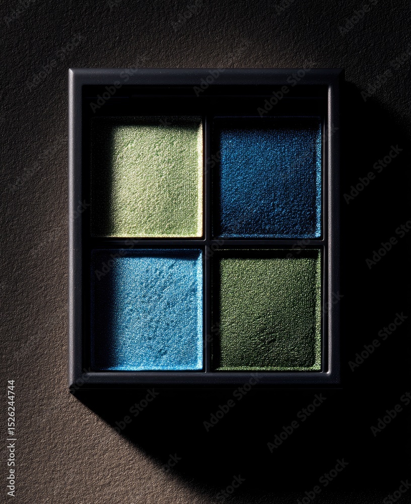Fototapeta premium black box containing four blue and dark green eyeshadows