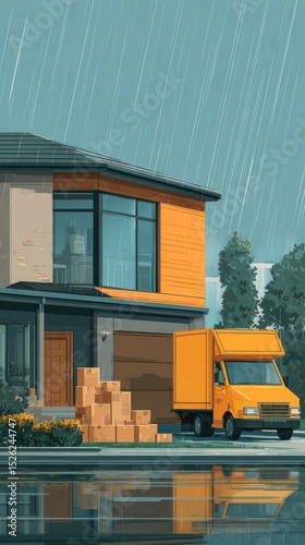 Stunning photo of delivery truck unloads boxes near modern home on rainy day. Residential logistics, moving service. Transport van with cardboard boxes arrives at house.