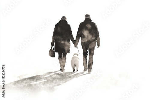 A senior couple holding hands, walking their dog in the snow, viewed from behind.