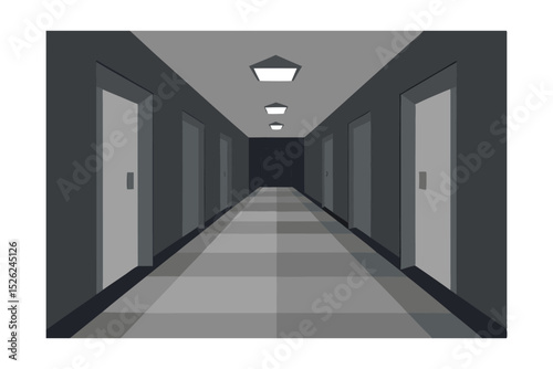 Mysterious Dark Hallway An illustration of a long corridor with doors, lights, and a dark, mysterious ambiance