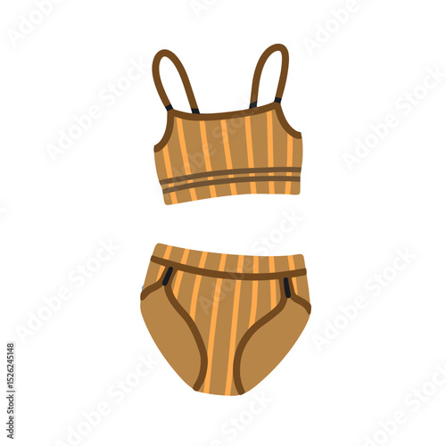 Lingerie, underwear with striped pattern. Comfortable two-piece bikini, bralette top and panties bottom. Ladies underclothes, bra and pants. Flat vector illustration isolated on white background
