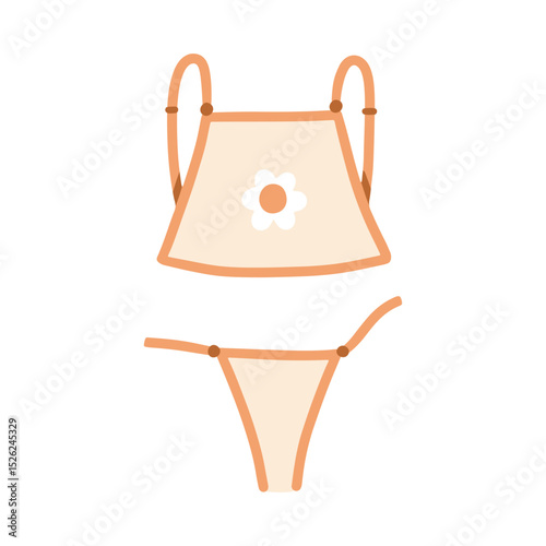 Bikini, two-piece swimwear with cute flower on top, panties bottom. Summer beachwear, swimsuit. Feminine lingerie, kids underwear, underclothes. Flat vector illustration isolated on white background