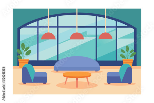 Modern Interior Design Elegant Living Room with Panoramic Window and Stylish Furniture