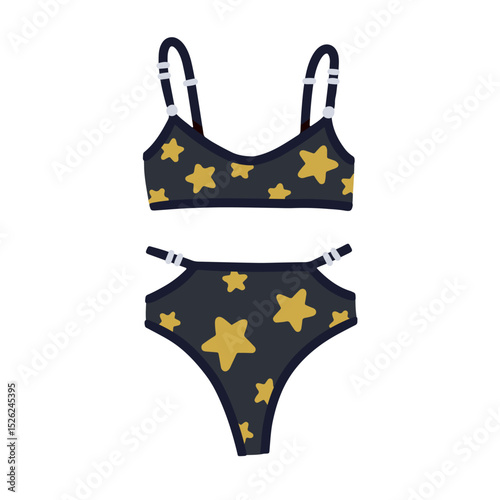 Bikini with star pattern. Two-piece swimsuit, top and high-waist bottom. Beach wear, lingerie. Bra and panties, bathing suit with starry print. Flat vector illustration isolated on white background