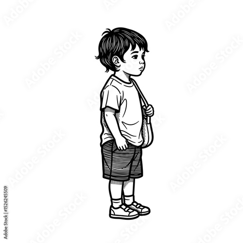 Preschool boy standing quietly with a bag, thoughtful expression, showcasing childhood innocence