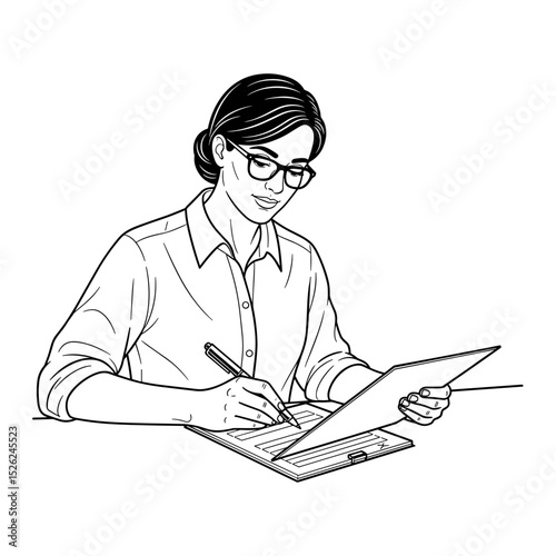 Teacher grading a test, focused expression, engaged in evaluation and education