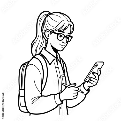 Girl student using a smartphone, holding a pen, wearing glasses and a backpack
