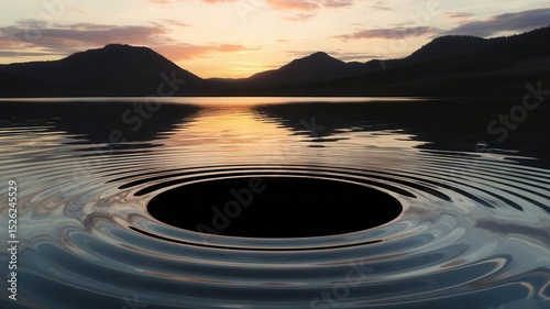Mystical Lake Ripple at Sunset With Silhouette Mountains and Reflections photo