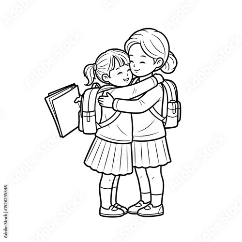 Two schoolgirls hugging each other joyfully, showcasing friendship and happiness