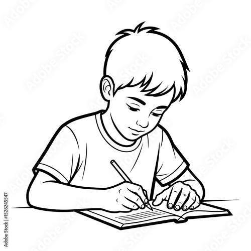 Boy student writing in a notebook, focused expression, engaged in learning
