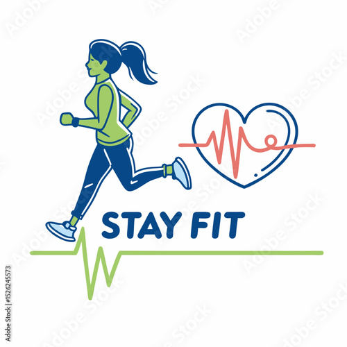 Stay Fit Woman Running with Heartbeat and EKG Line Graphic Illustration