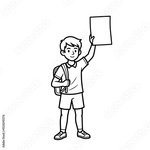 Boy student holding up a blank sheet of paper, smiling confidently with a backpack