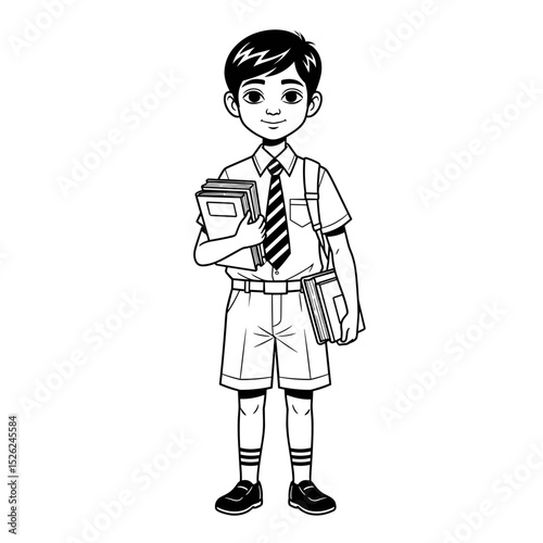 Indian boy student holding books, wearing a school uniform with a tie, confident expression
