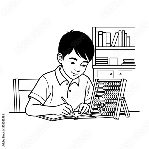 Boy studying with an abacus, writing in a notebook, focused expression in a learning environment
