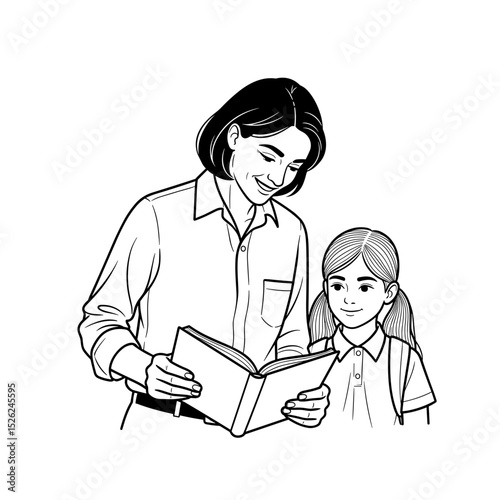 Teacher reading a book with a young student, smiling and engaged in learning