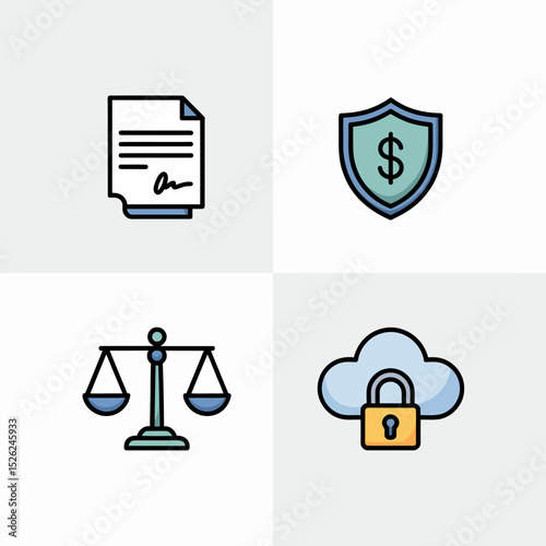 Legal symbol and trusted finance icons showing secure document, scale of justice, trusted cloud and money emblem.