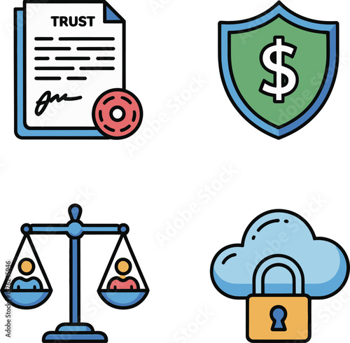 Award and legal document visuals featuring trusted ribbon, certificate stamp, verified agreement and justice badge.