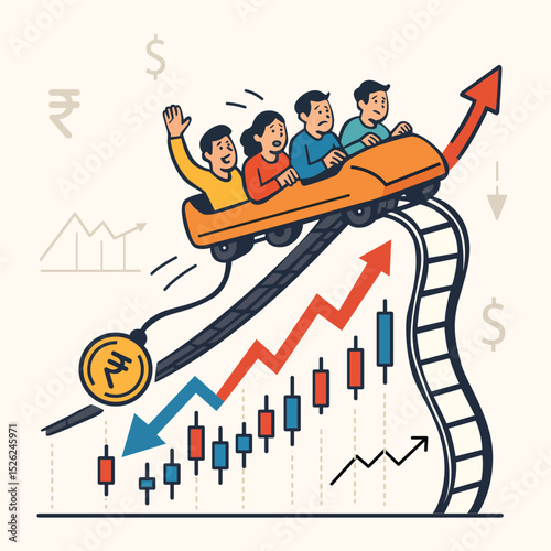 A roller coaster with riders ascending on a track that follows an upward-trending financial arrow