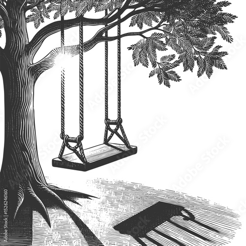 wooden swing hanging from a tree branch with detailed leaves and shadow cast on the ground sketch engraving generative ai vector illustration. Scratch board imitation. Black and white image.