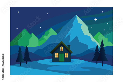 Serene Mountain Cabin Night Scene A Peaceful Night in the Mountains Illustration