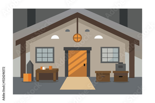 Cozy Cabin Entrance  Rustic Design, Wooden Door, and Warm Lighting