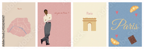 Paris landscape poster, cover, card set with map, fashion, Arc, chocolate, man, croissant and typography design. Summer holidays, vacation travel in France Europe