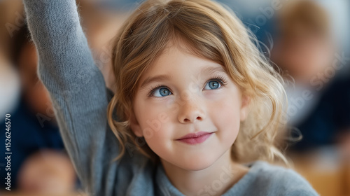 A schoolgirl raising her hand in an engaging classroom setting photo