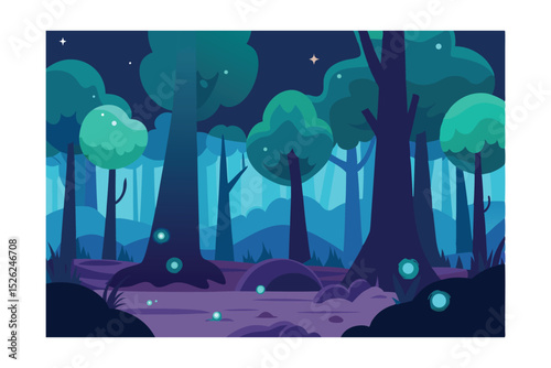 Enchanted Forest at Night Glowing Flora and Fauna Illustration