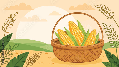 Corn cob in basket in natural background vector design, Corn vector design, Corns in basket vector design