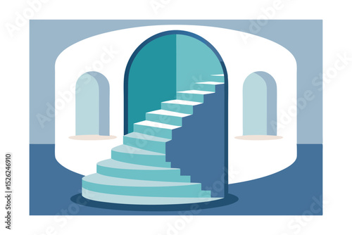 Abstract Architectural Illustration Ascending Spiral Staircase Leading to a Mysterious Teal Door