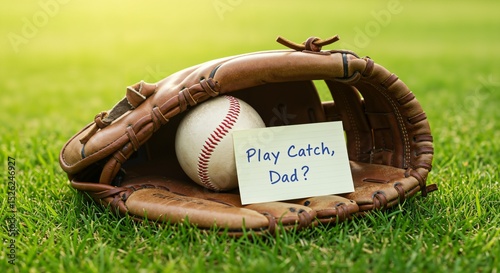 Baseball Glove with Ball and Note Asking to Play Catch Dad, Family Activity Outdoors