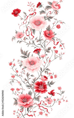 Wallpaper Mural Vintage-Inspired Floral Pattern with Red and Pink Blossoms, Elegant Gray-Green Leaves, and Decorative Ribbons for Fabric and Wallpaper Torontodigital.ca