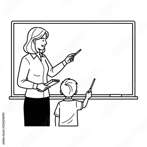 Teacher instructing a young boy at a chalkboard, engaging expression, educational setting
