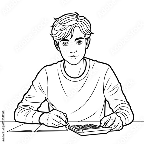 Schoolboy using a calculator while writing notes with concentration in a clean line art style